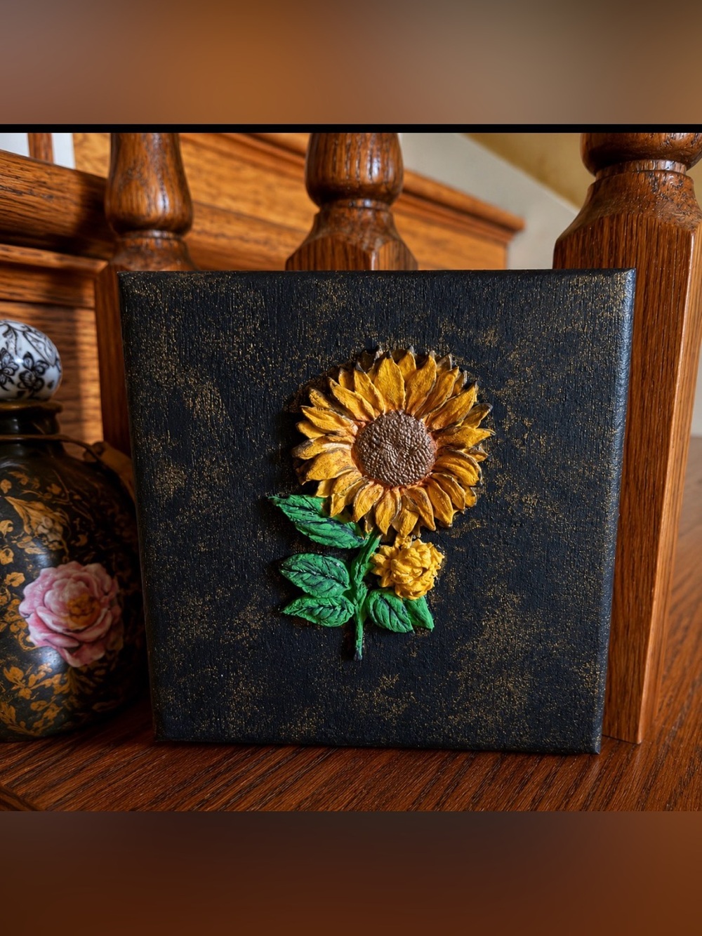 Handcrafted Sculptured Raised Sunflower Wooden Trinket Box